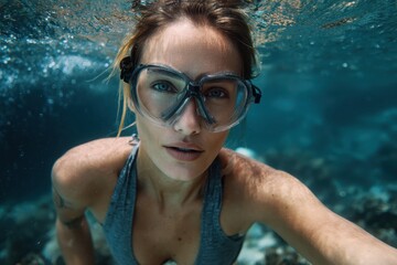 Naklejka premium Young woman exploring underwater life while snorkeling in clear ocean waters during a bright day in a tropical locale