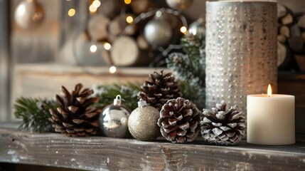 A cozy fireplace with a decorated mantle
