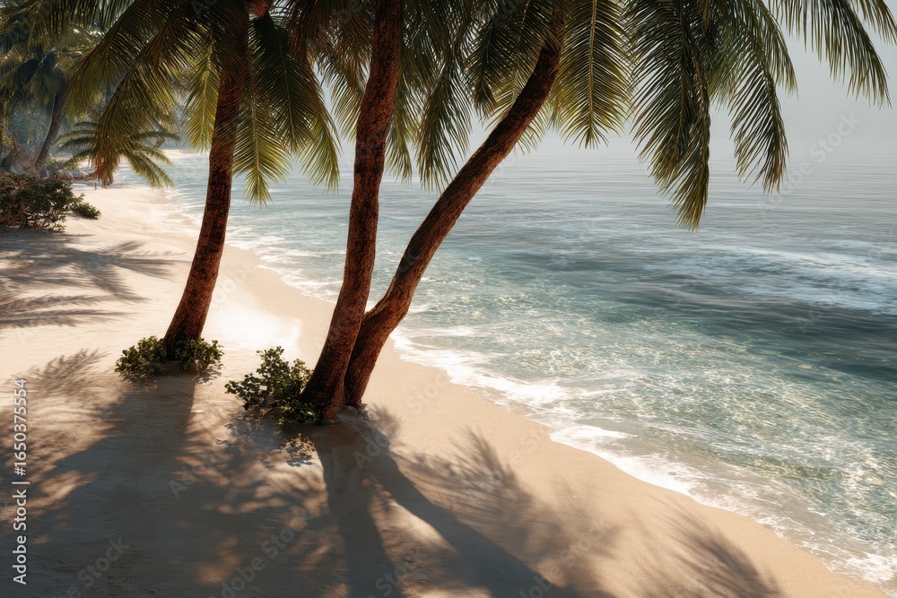 Canvas Prints calm sandy beach with palm trees casting gentle shadows on the shoreline during a serene morning by 