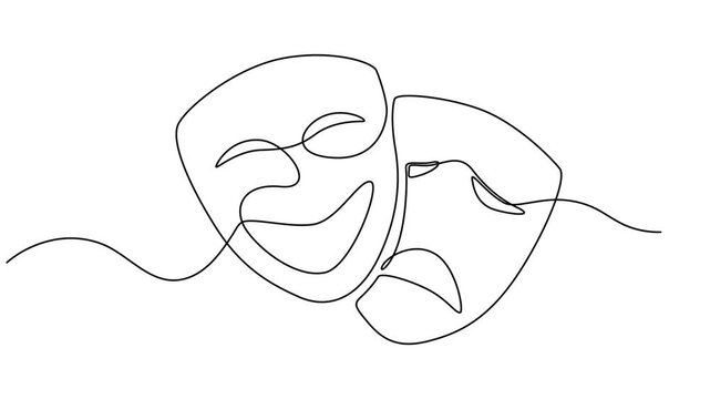 Self drawing line animation Comedy and tragedy line theater masks feelings continuous one single line drawn concept video, Animated self drawing of continuous line draw Greek mask, opera event symbols