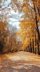 Obraz premium Golden autumnal path lined with vibrant trees