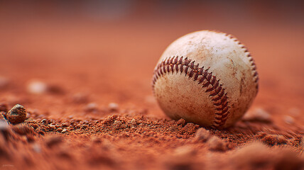 Close up of a baseball on a dirt ground for sports and recreation background