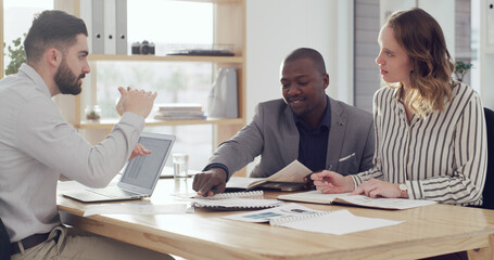 Laptop, teamwork and growth with business people in meeting for sales report, revenue and research. Partnership, finance planning and review with employees in office for brainstorming and proposal