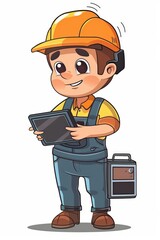 A cute cartoon Style ofA factory worker using a tablet to access digital work instructions