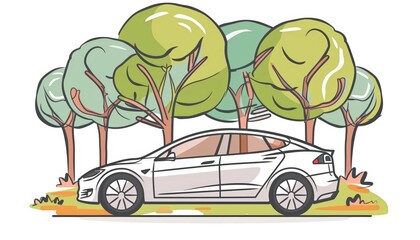 A cute cartoon Style ofA scenic drive with an electric car along a coastal road