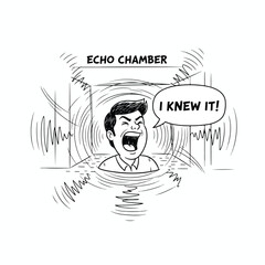 A man inside an echo chamber shouting "I knew it!" with sound waves.