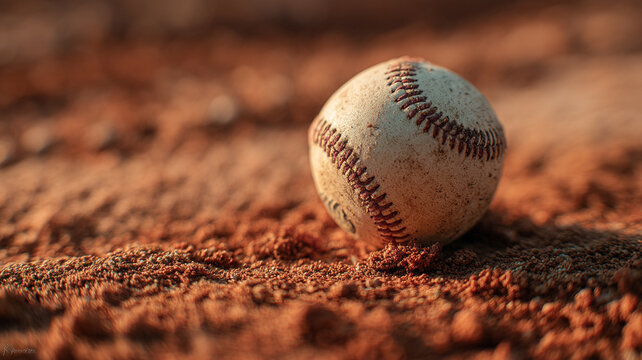 A baseball on a brown clay surface for sports game and tournament concepts