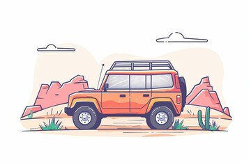 A cute cartoon Style ofA scenic drive with an electric car along a coastal road