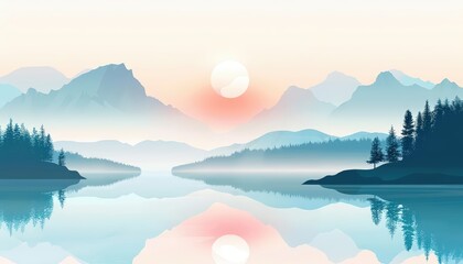 A cute cartoon Style ofA scenic sunrise over a calm lake with mist rising