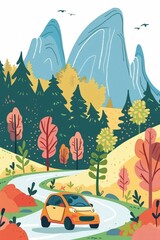 A cute cartoon Style ofA scenic drive with an electric car along a coastal road