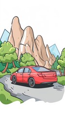 A cute cartoon Style ofA sleek modern car driving through a scenic mountain road