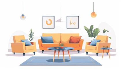 A cute cartoon Style ofA stylish living room with contemporary furniture and decor