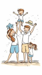 A cute cartoon Style ofA young family playing together on the beach