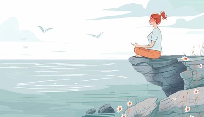 A cute cartoon Style ofA young woman meditating on a cliff overlooking the ocean