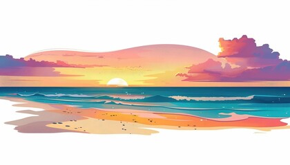 A cute cartoon Style ofA tranquil beach at sunset with a colorful sky and gentle waves