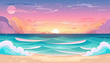 A cute cartoon Style ofA tranquil beach at sunset with a colorful sky and gentle waves