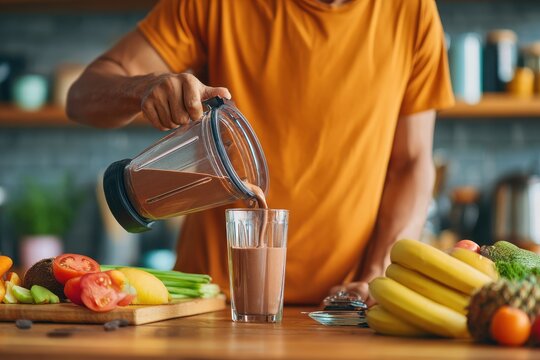 Man in orange shirt expertly pours chocolate drink into a glass surrounded by fresh ingredients in a lively kitchen setting - Powered by Adobe