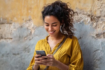 Fototapeta premium Cheerful Latin woman smiles while using her smartphone outdoors against a weathered wall during a sunny afternoon