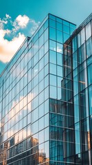 Modern glass office building reflecting a partly cloudy sky