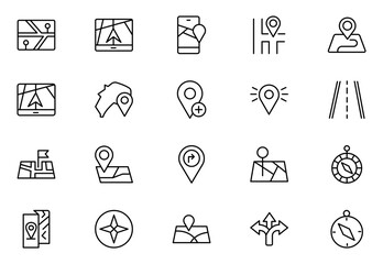 Fototapeta premium Map outline icon set. Containing location, GPS, navigation, city map, atlas, route, direction, pin and more. Vector illustration. editable stroke