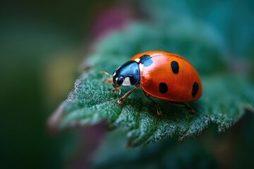 Fototapeta premium Macro shot of a vibrant ladybug perched on a green leaf showcasing intricate details of nature in a tranquil garden setting during daylight hours
