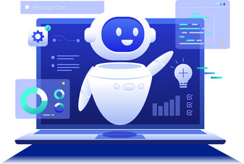 Prompt Engineering in AI Chatbot llm Application, Robotic Assistant with laptop dashboard chat message and Big data concept illustration clipart