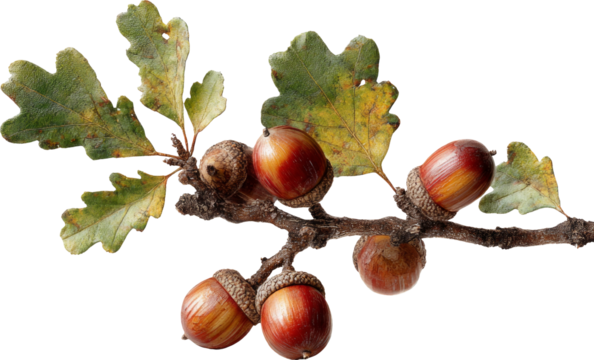 Natural oak branch with green leaf and brown acorn during autumn
