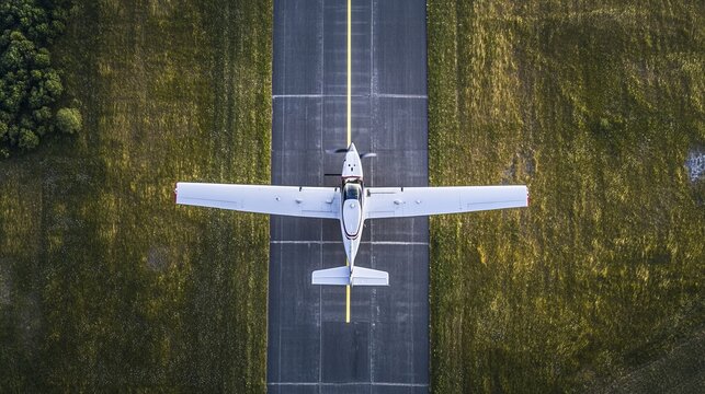 Overhead view of small plane on a grassy airstrip