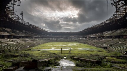 Abandoned football stadium with broken seats, overgrown grass field, and dramatic stormy sky creating an eerie post-apocalyptic atmosphere, decayed sports arena in ruins, urban exploration concept