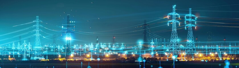 A detailed digital artwork showcasing a futuristic smart grid managing energy consumption in realtime, emphasizing the efficiency and innovation of sustainable power systems