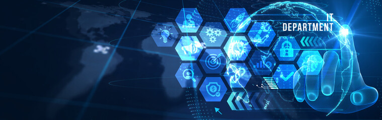 IT consultant presenting tag cloud about information technology. 3d illustration