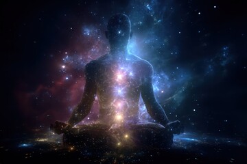 Silhouette of man meditating with glowing chakras and cosmic energy in a deep space environment during twilight hours