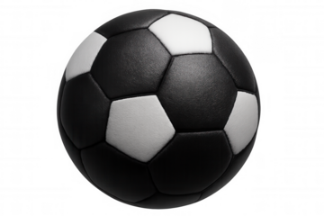 Photorealistic 3d rendering of rotating classic black white soccer ball, isolated on transparent background, ideal for sports graphics