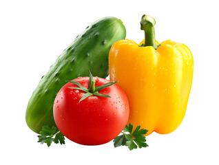 Fresh 3 vegetables: a cucumber, a tomato, and a yellow bell pepper isolated on a transparent background