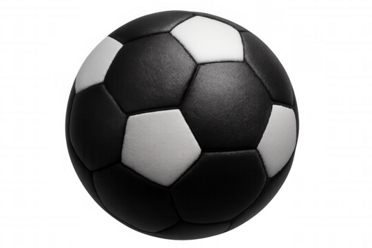 Photorealistic 3d rendering of rotating classic black white soccer ball, isolated on transparent background, ideal for sports graphics