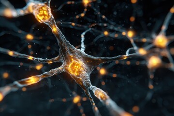 Glowing neural cells connect and communicate in a vibrant network highlighting brain activity and synaptic interactions