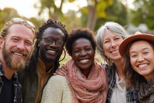 Friends gather in a park enjoying a sunny afternoon, capturing joyful moments and celebrating diversity on a beautiful day