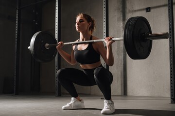 Strong female powerlifter performing a barbell squat in a gym setting during a training session aimed at building muscle and strength