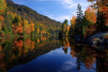 Fototapeta premium Lake surrounded by vibrant autumn foliage reflecting in calm waters under a clear blue sky during a sunny day in fall season