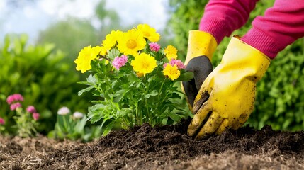 Planting Yellow Flowers In Garden With Gardening Gloves