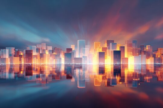 Futuristic cityscape formed from glowing cubes reflecting light against a tranquil water surface during twilight