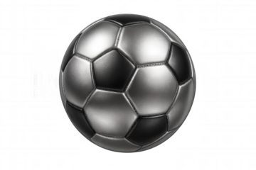 Classic silver and black soccer ball floating on a transparent background, perfect for sports-themed projects