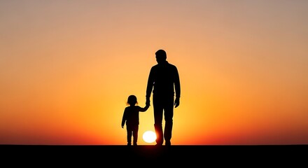 Fototapeta premium Together Toward Tomorrow: Silhouettes of Adult and Child Walking into Sunset