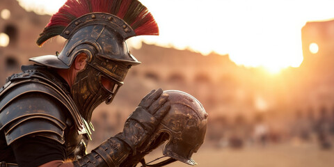  Roman soldier in armor reverently holds a helmet against a sunset backdrop, showcasing the valor and heritage of ancient warriors.