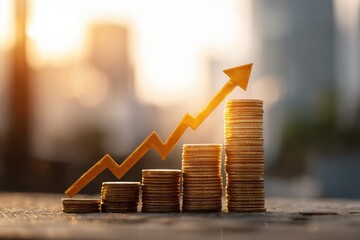 Business growth symbolized by increasing stacks of coins and an upward arrow during sunset, representing financial success and investment strategies