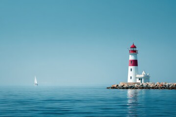 Bright lighthouse standing tall by calm waters under clear blue skies with a distant sailboat gliding in serene weather