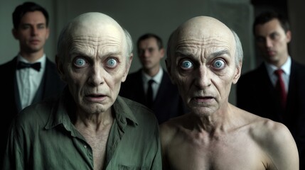 Creepy, bald, old men in a house.