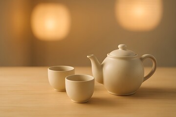 Fototapeta premium กาน้ำชากับถ้วยชา 2 ใบบนโต๊ะไม้ แสงโคมไฟอบอุ่น / Ceramic Teapot with Two Cups on Wooden Table, Warm Lantern Bokeh