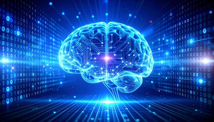 Futuristic digital brain with glowing neural pathways processing binary data streams