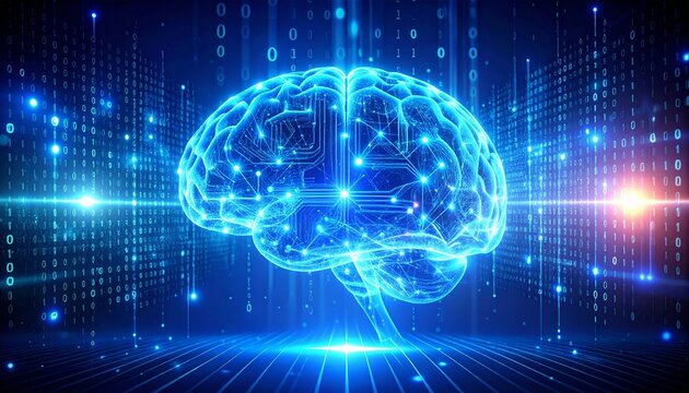 A futuristic digital brain with glowing neural pathways processing complex data streams and information